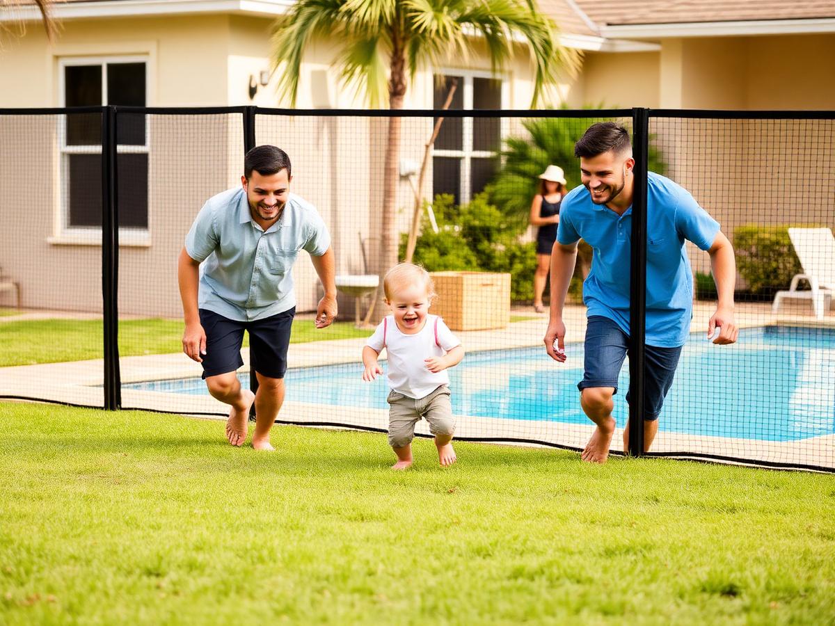 Family playing safely on the grass beside a fenced pool