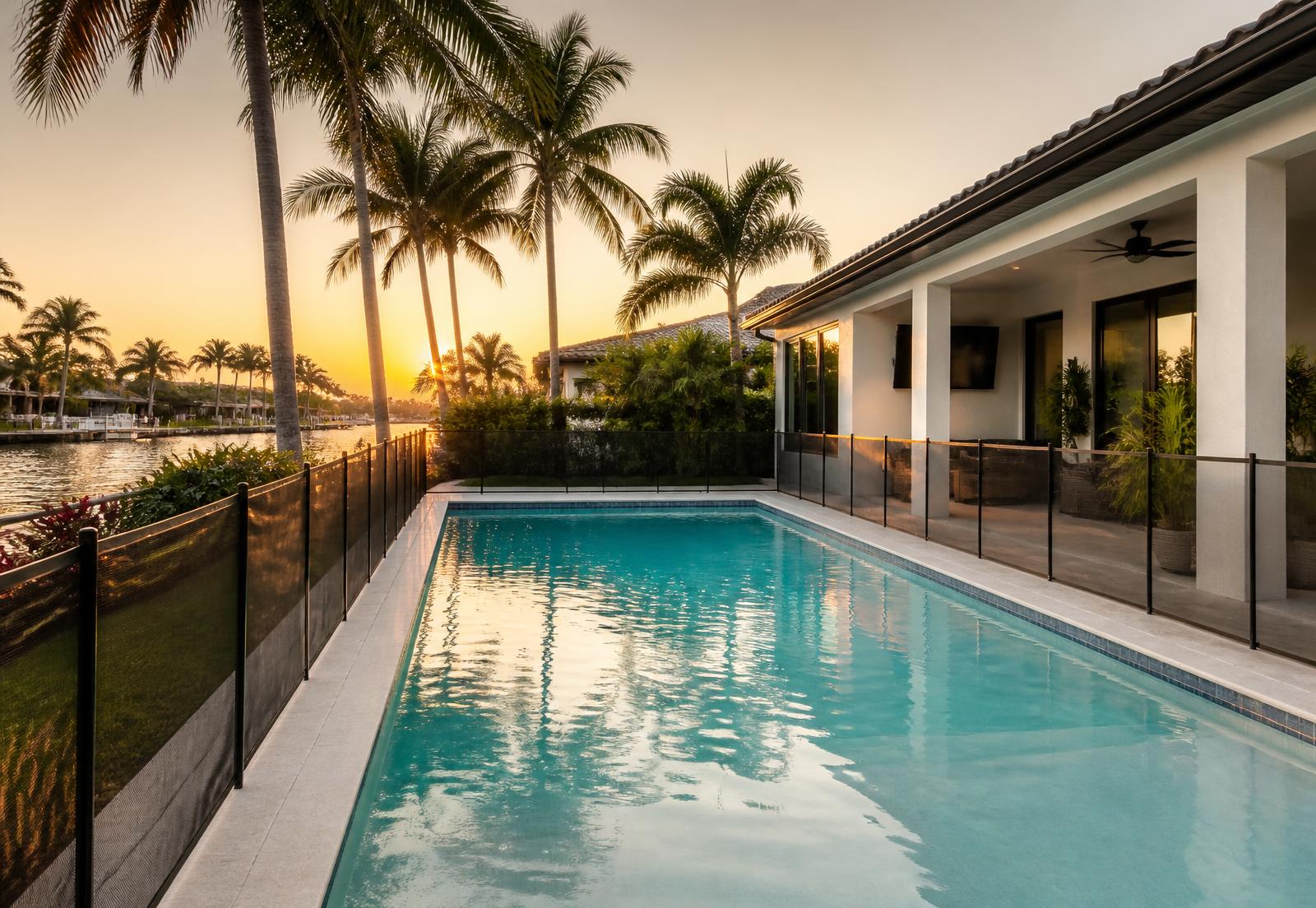 Elegant South Florida backyard pool secured by a black removable mesh safety fence